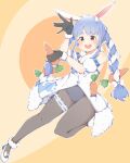  1girl :d animal_ear_fluff animal_ears ankle_garter bangs bare_shoulders black_gloves black_legwear black_leotard blue_hair blush braid breasts bunny_tail carrot_hair_ornament coat coharu_biyori covered_navel detached_sleeves food food_themed_hair_ornament fur-trimmed_coat fur-trimmed_gloves fur_scarf fur_trim gloves hair_ornament highres hikimayu holding holding_food hololive knee_up leaning_to_the_side leg_up leotard long_hair looking_at_viewer mary_janes multicolored_hair open_mouth orange_eyes pantyhose playboy_bunny puffy_short_sleeves puffy_sleeves rabbit_ears rabbit_girl scarf shoes short_eyebrows short_sleeves small_breasts smile solo strapless strapless_coat strapless_leotard swept_bangs tail thigh_strap thighs twin_braids two-tone_hair usada_pekora virtual_youtuber white_coat white_footwear white_hair white_scarf white_sleeves yellow_background 