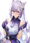  1girl bangs bare_shoulders blush braid breasts choker double_bun dress frilled_sleeves frills genshin_impact gloves hair_bun hair_ornament hairclip half-closed_eyes hand_in_hair highres keqing_(genshin_impact) large_breasts long_hair looking_at_viewer open_mouth purple_gloves purple_hair simple_background solo twintails violet_eyes white_background xkirara39x 