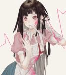  1girl adjusting_hair apron bandaged_arm bandages bandaid bangs black_hair blood blood_on_face blue_skirt blunt_bangs blush closed_mouth commentary dangan_ronpa_(series) dangan_ronpa_2:_goodbye_despair hand_in_hair highres holding holding_syringe long_arms long_hair looking_at_viewer mole mouth_hold mu_ooa open_mouth pink_blood pink_eyes pink_shirt puffy_short_sleeves puffy_sleeves purple_hair shirt short_sleeves simple_background skirt solo striped symbol_commentary syringe tsumiki_mikan upper_body 