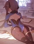  1girl ass back bed black_legwear blurry blurry_background book breasts depth_of_field earrings genshin_impact hair_ornament hair_ribbon highres indoors jewelry leotard long_hair lying mona_(genshin_impact) on_stomach pantyhose ribbon sanooxo solo star_(symbol) star_print twintails window 