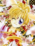  1990s_(style) 1girl animal_ears blonde_hair checkered checkered_background cherry_blossoms close-up closed_mouth earrings extra_ears face fan flower gloves hair_intakes hair_ribbon highres holding holding_fan jewelry kaitou_jeanne kamikaze_kaitou_jeanne kusakabe_maron long_hair looking_at_viewer magical_girl official_art one_eye_closed pointing ponytail rabbit_ears red_ribbon retro_artstyle ribbon scan smile solo tanemura_arina violet_eyes white_gloves 