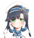  1girl aqua_neckwear bangs blue_sailor_collar blush closed_mouth eyebrows_visible_through_hair freckles fur_trim gloves gradient_hair green_eyes hairband hands_on_own_cheeks hands_on_own_face hat highres kantai_collection long_hair long_sleeves matsuwa_(kancolle) mirui2 multicolored_hair purple_hair sailor_collar school_uniform serafuku simple_background solo upper_body white_background white_gloves white_headwear 