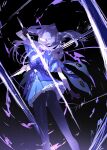  1girl absurdres black_gloves black_legwear clouds commentary_request genshin_impact gloves highres holding holding_sword holding_weapon keqing_(genshin_impact) kuronoiparoma lightning looking_back purple_hair purple_skirt skirt solo sword twintails violet_eyes weapon 