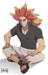  1boy alder_(pokemon) arm_hair clenched_teeth collared_shirt commentary_request full_body grey_pants grin highres leg_hair male_focus multicolored_hair orange_hair pants pokemon pokemon_(game) pokemon_bw popped_collar redhead sandals sanwari_(aruji_yume) shirt short_sleeves sitting smile solo teeth toes torn_clothes torn_pants two-tone_hair 