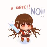  1girl bangs black_sailor_collar black_skirt blunt_bangs blush brown_hair chibi dangan_ronpa_(series) dangan_ronpa_v3:_killing_harmony english_text frown full_body hair_ornament hairclip harukawa_maki holding holding_knife holding_weapon knife long_sleeves looking_at_viewer low_twintails meme miniskirt missarilicious mole mole_under_eye pleated_skirt pout red_eyes red_legwear red_scrunchie red_shirt sailor_collar school_uniform scrunchie shirt skirt solo symbol_commentary thigh-highs twintails weapon zettai_ryouiki 