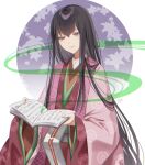  1girl black_hair book eyebrows_visible_through_hair fate/grand_order fate_(series) hair_between_eyes heian hime_cut holding holding_book japanese_clothes junihitoe kimono layered_clothing layered_kimono long_hair long_sleeves murasaki_shikibu_(fate) oshage_(user_kpsn5534) pink_kimono reading smile solo upper_body very_long_hair violet_eyes 