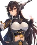  1girl black_gloves black_hair breasts brown_eyes closed_mouth elbow_gloves eyebrows_visible_through_hair gloves hair_between_eyes hand_on_hip headgear heart highres kantai_collection kasumi_(skchkko) large_breasts long_hair nagato_(kancolle) navel partially_fingerless_gloves remodel_(kantai_collection) smile solo upper_body 