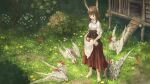  1girl :d animal_ears barefoot bird brown_eyes brown_hair bush chicken cockatrice creature day egg fantasy flower grass highres long_hair long_skirt open_mouth original outdoors rabbit_ears skirt smile suzuke 