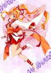  1girl back_bow blonde_hair boots bow earrings full_body gloves hair_bow hair_intakes hair_ribbon highres jewelry kaitou_jeanne kamikaze_kaitou_jeanne knee_boots kusakabe_maron long_hair looking_at_viewer magical_girl official_style orange_bow ponytail purple_background red_bow red_ribbon red_skirt ribbon sidelocks skirt solo violet_eyes white_footwear white_gloves yoshika_(draw-happy-picture) 
