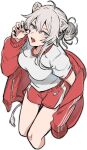  adidas animal_ear_fluff animal_ears black_nails breasts claw_pose cropped_legs ear_piercing fang from_above grey_eyes grey_hair gym_shorts gym_uniform headband highres hololive jacket lion_ears lion_girl lion_tail medium_breasts open_mouth piercing red_headband red_jacket red_shorts shishiro_botan short_shorts shorts tail tied_hair track_jacket umeo_(um_eoji) virtual_youtuber white_background 