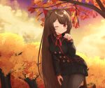  1girl :3 absurdres animal_ears autumn_leaves black_jacket black_skirt blush bow bowtie brown_hair cat_ears closed_mouth clouds cloudy_sky commission copyright_request dot_nose double-breasted hand_on_leg hand_up highres jacket klaius leaning_forward long_hair looking_at_viewer miniskirt one_eye_closed pantyhose paw_pose red_bow red_eyes red_neckwear skirt sky smile solo sunset tail thighband_pantyhose tree very_long_hair yellow_sky 