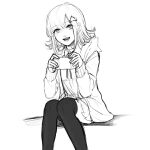  1girl :d bangs collared_shirt commentary_request dangan_ronpa_(series) dangan_ronpa_2:_goodbye_despair eyebrows_visible_through_hair feet_out_of_frame greyscale hair_ornament hairclip handheld_game_console holding holding_handheld_game_console hood hood_down jacket looking_at_viewer maroro_(981tomo) medium_hair monochrome nanami_chiaki open_clothes open_jacket open_mouth pleated_skirt shirt simple_background sitting sketch skirt smile solo spaceship_hair_ornament thigh-highs white_background 