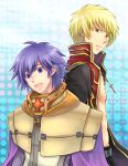  2boys :d armor bangs bare_pecs black_coat blonde_hair blue_background brown_eyes cape closed_mouth coat commentary_request cross cross_necklace crusader_(ragnarok_online) jewelry long_sleeves looking_at_viewer looking_to_the_side male_focus multiple_boys necklace open_clothes open_coat open_mouth pauldrons priest_(ragnarok_online) purple_cape purple_hair ragnarok_online red_coat retgra short_hair shoulder_armor smile tabard two-tone_coat upper_body violet_eyes 