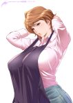  1girl :o apron artist_name breasts brown_eyes brown_hair collared_shirt cropped_legs denim eyebrows_behind_hair jeans large_breasts looking_down mature mole mole_under_eye open_mouth original pants pink_shirt shirt short_hair signature solo tatsunami_youtoku thick_lips white_background 