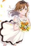  1girl bangs bouquet bow breasts brown_bow brown_hair dress dutch_angle eyebrows_visible_through_hair flower frilled_dress frills gorilla-shi hair_bow hand_on_own_cheek hand_on_own_face holding kunikida_hanamaru long_hair looking_at_viewer love_live! love_live!_sunshine!! orange_flower petals ponytail short_sleeves sidelocks smile solo white_background white_dress white_flower yellow_eyes yellow_flower 