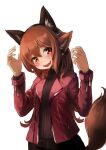  159cm 1girl :d animal_ears black_pants blush brown_hair brown_sweater earrings extra_ears fake_animal_ears fangs hands_up head_tilt jacket jewelry looking_at_viewer open_clothes open_jacket open_mouth original pants red_eyes red_jacket ribbed_sweater simple_background smile solo standing sweater tail white_background wine-chan_(159cm) 