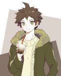  1boy ahoge alternate_costume beige_sweater braid brown_background brown_eyes brown_hair closed_mouth commentary_request cup dangan_ronpa_(series) dangan_ronpa_2:_goodbye_despair drinking_straw fur-trimmed_jacket fur_trim green_eyes green_jacket grey_background hand_up highres hinata_hajime holding holding_cup jacket looking_at_viewer lun_(dbvajzr) male_focus short_hair smile solo sweater upper_body white_background 