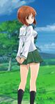  1girl abimaru_gup arms_behind_back bangs black_legwear black_neckwear blouse blue_sky blurry blurry_background brown_eyes brown_hair closed_mouth clouds cloudy_sky commentary day depth_of_field eyebrows_visible_through_hair from_behind girls_und_panzer green_skirt hands_together highres interlocked_fingers kneehighs long_sleeves looking_at_viewer looking_back miniskirt neckerchief nishizumi_miho ooarai_school_uniform outdoors pleated_skirt sailor_collar school_uniform serafuku short_hair skirt sky smile solo standing tree twitter_username white_blouse white_sailor_collar 