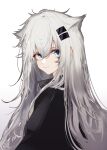  1girl animal_ears arknights bangs blue_eyes closed_mouth eyebrows_visible_through_hair from_side hair_ornament highres lappland_(arknights) looking_at_viewer looking_to_the_side portrait runamonet silver_hair simple_background smile solo white_background wolf_ears wolf_girl 