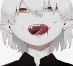  1boy avogado6 black_shirt blood blood_in_mouth blood_on_face commentary_request fangs grey_hair hair_between_eyes licking_lips looking_at_viewer male_focus original pale_skin pointy_ears portrait red_eyes shirt simple_background solo tongue tongue_out vampire white_background 