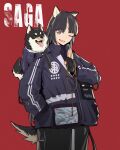  1girl alternate_costume animal_ears arknights beads black_hair character_name dog dog_ears dog_girl dog_tail facial_mark forehead_mark hand_gesture highres jacket khrnnfz long_hair one_eye_closed pants prayer_beads saga_(arknights) shiba_inu solo tail tongue tongue_out 