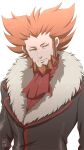  1boy black_jacket closed_mouth commentary_request facial_hair fur-trimmed_jacket fur_trim highres jacket looking_to_the_side lysandre_(pokemon) male_focus orange_hair pokemon pokemon_(game) pokemon_xy red_neckwear sanwari_(aruji_yume) simple_background solo spiky_hair team_flare upper_body white_background 