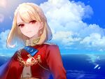  1girl alternate_uniform artist_name azur_lane blonde_hair braid closed_mouth clouds cloudy_sky earrings eye_piercing eyebrows_visible_through_hair florists_daisy french_braid highres jewelry looking_at_viewer medium_hair ocean prince_of_wales_(azur_lane) red_eyes simple_background sky solo uniform 