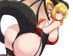  1girl ass black_gloves black_panties blonde_hair breasts commission doodle dragon_girl dragon_tail dragon_wings elbow_gloves eyebrows_visible_through_hair gloves gradient_hair head_fins highres huge_ass kanta_(kanta_077) large_breasts looking_back multicolored_hair orange_hair original panties second-party_source simple_background slit_pupils solo tail thigh-highs underwear waffle_(cheapblast) white_background wings 