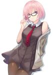  1girl absurdres bare_shoulders black_dress black_legwear bob_cut closed_mouth contrapposto dress fate/grand_order fate_(series) glasses hair_over_one_eye highres index_finger_raised jacket light_purple_hair looking_at_viewer mash_kyrielight mono_1010 necktie off_shoulder pantyhose red_neckwear short_dress short_hair simple_background sleeveless sleeveless_dress smile solo violet_eyes white_background 