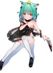  1girl animal_ears aqua_hair bangs bare_shoulders black_dress blood bloody_weapon cat_ears dress earrings g_li garter_straps hair_ornament hololive jewelry knife looking_at_viewer red_eyes sitting solo thigh-highs uruha_rushia virtual_youtuber weapon white_legwear 