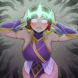  1girl armpits bare_shoulders blush breasts brown_hair dark_skin dress green_eyes highres karma_(league_of_legends) large_breasts league_of_legends lolboja medium_hair open_mouth possessed purple_dress solo tagme wide_hips 