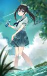  1girl :o absurdres bare_shoulders blurry bottle depth_of_field full_body highres holding holding_bottle huge_filesize long_hair looking_at_viewer miniskirt mono_1010 neckerchief original outdoors parted_lips pleated_skirt ramune river school_uniform serafuku shirt skirt skirt_hold soaking_feet solo summer surprised sweat twintails uniform white_shirt 