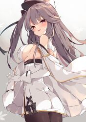  1girl ass azur_lane bangs black_bow black_legwear blush bow breasts brown_hair coat eyebrows_visible_through_hair fur-trimmed_coat fur_trim gloves hair_between_eyes hat highres large_breasts long_hair pamiat_merkuria_(azur_lane) pantyhose parted_lips retrofit_(azur_lane) sideboob smug unacchi_(nyusankin) violet_eyes white_headwear 