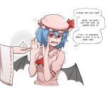  2girls ascot bat_wings blue_hair bullying crying english_commentary english_text fang fangs frilled_shirt_collar frilled_sleeves frills garlic hakurei_reimu hands_up hat hat_ribbon highres mata_(matasoup) mob_cap multiple_girls open_mouth pink_shirt ranguage red_eyes red_ribbon remilia_scarlet ribbon ribbon-trimmed_sleeves ribbon_trim shirt short_sleeves simple_background solo_focus speech_bubble tears teeth touhou trembling white_background wide_sleeves wings 