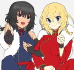  2girls andou_(girls_und_panzer) bangs black_hair blonde_hair blue_dress blue_eyes blue_pants bracer braid bridal_gauntlets brown_eyes chinese_clothes closed_mouth commentary dark_skin dress fighting_stance fur_scarf girls_und_panzer girls_und_panzer_senshadou_daisakusen! grey_background hair_tie high_collar leg_up locked_arms long_sleeves looking_at_viewer medium_hair messy_hair multiple_girls official_alternate_costume open_mouth oshida_(girls_und_panzer) pants red_pants red_sash red_shirt sash shirt side-by-side simple_background single_braid sleeveless sleeveless_dress smile tan3charge tangzhuang 