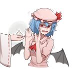  2girls ascot bat_wings blue_hair crying english_commentary fang fangs frilled_shirt_collar frilled_sleeves frills garlic hakurei_reimu hands_up hat hat_ribbon highres mata_(matasoup) mob_cap multiple_girls open_mouth pink_shirt red_eyes red_ribbon remilia_scarlet ribbon ribbon-trimmed_sleeves ribbon_trim shirt short_sleeves simple_background tears teeth touhou trembling white_background wide_sleeves wings 