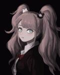  1girl bangs bear_hair_ornament black_background black_shirt blush bow breasts collared_shirt commentary_request crazy_eyes dangan_ronpa:_trigger_happy_havoc dangan_ronpa_(series) enoshima_junko expressionless from_side grey_eyes hair_ornament highres long_hair long_sleeves looking_at_viewer red_bow renshu_usodayo shirt solo twintails upper_body 