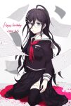  1girl ahoge bangs black_hair black_legwear black_serafuku black_skirt blood body_writing braid character_name commentary_request dangan_ronpa:_trigger_happy_havoc dangan_ronpa_(series) dated frown fukawa_touko glasses hair_ornament hairclip happy_birthday highres kneeling long_hair long_skirt long_sleeves looking_at_viewer neckerchief paper pink_blood pleated_skirt round_eyewear school_uniform serafuku skirt solo tetose thigh-highs torn_clothes torn_neckerchief torn_skirt 