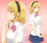  1girl absurdres blonde_hair blush hairband highres higurashi_no_naku_koro_ni houjou_satoko murara older pen pink_background red_eyes short_hair solo sparkle_background 