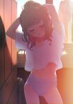  1girl adjusting_hair arms_up backlighting blush bow bow_panties closed_eyes commentary_request cowboy_shot dusk eyebrows_visible_through_hair grey_hair hair_intakes highres light_particles long_hair makaino_ririmu multicolored_hair navel nijisanji panties parted_lips pink_hair pointy_ears sabamen see-through shirt sidelocks solo sunlight t-shirt twilight two-tone_hair underwear virtual_youtuber white_shirt window 