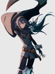  1girl arm_up bangs belt blue_eyes blue_gloves blue_hair blue_pants boots brown_belt cape commentary_request fingerless_gloves fingernails fire_emblem fire_emblem_awakening floating_cape gloves grey_cape hair_between_eyes highres leather_belt long_hair long_sleeves looking_at_viewer lucina_(fire_emblem) pants parted_lips pikapika_hoppe sidelocks simple_background smile solo standing thigh-highs thigh_boots tiara white_background 