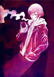 1boy akudama_drive bangs cigarette collarbone commentary_request courier_(akudama_drive) frown hand_in_pocket hand_up holding hood hood_down jacket limited_palette long_sleeves male_focus ogakirokurou open_clothes open_jacket pants phone pink_eyes pink_theme shiny shiny_clothes short_hair smoke smoking solo 