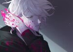  1boy adjusting_hair bangs blood blood_on_face bloody_hands brown_eyes dangan79 dangan_ronpa_(series) dangan_ronpa_2:_goodbye_despair face green_jacket grey_background hair_tucking hand_up highres hood hood_down hooded_jacket jacket komaeda_nagito long_sleeves male_focus parted_lips pink_blood portrait shirt short_hair solo upper_body white_ahir white_hair 