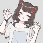  1girl 2015ma14 animal_ears black_tank_top blush brown_hair casual claw_pose closed_eyes collarbone commentary dog_ears facing_viewer fangs flat_chest flower grey_background hair_flower hair_ornament head_tilt inui_toko nijisanji off-shoulder_shirt off_shoulder official_alternate_costume open_mouth romaji_commentary shirt short_hair simple_background smile solo tank_top upper_body virtual_youtuber white_shirt wristband 