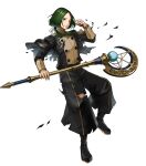  1boy artist_request black_footwear black_jacket black_pants boots clenched_teeth fire_emblem fire_emblem:_three_houses fire_emblem_heroes full_body garreg_mach_monastery_uniform green_eyes green_hair hand_up highres holding holding_staff jacket linhardt_von_hevring long_hair long_sleeves looking_at_viewer low_ponytail male_focus official_art one_eye_closed pants ponytail staff teeth torn_clothes torn_jacket torn_pants transparent_background 