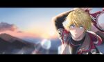  1boy armor berserk blonde_hair blue_eyes gloves highres light looking_at_viewer male_focus monado mountain rei_(teponea121) short_hair shulk_(xenoblade) sky snow super_smash_bros. sword vest weapon xenoblade_chronicles xenoblade_chronicles_(series) 