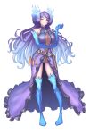  absurdres blue_fire blue_gloves blue_legwear breasts brighid_(xenoblade) center_opening dagger dress elbow_gloves fiery_hair fire full_body gloves hakusai_(hksicabb) highres large_breasts long_hair one_eye_closed purple_dress purple_hair simple_background smile standing thigh-highs unusually_open_eyes very_long_hair violet_eyes weapon white_background xenoblade_chronicles_(series) xenoblade_chronicles_2 