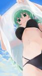  1girl bangs bikini black_bikini blue_sky breasts closed_mouth clouds commentary day eyebrows_visible_through_hair frog_hair_ornament from_below green_eyes green_hair hair_ornament highres hiroki_(yyqw7151) kochiya_sanae lifted_by_self long_hair medium_breasts multi-strapped_bikini navel sky smile snake_hair_ornament solo stomach swimsuit touhou 