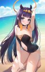 1girl ayamy bangs beach black_gloves blue_eyes blunt_bangs blush breasts dress gloves halo highres hololive hololive_english long_hair looking_at_viewer mole mole_under_eye multicolored_hair multiple_girls ninomae_ina&#039;nis open_mouth pointy_ears purple_hair smile solo tentacle_hair thigh-highs virtual_youtuber 