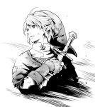  1boy absurdres bangs collar commentary dante07180 fingerless_gloves gloves greyscale hat highres holding holding_sword holding_weapon link looking_at_viewer looking_to_the_side male_focus medium_hair monochrome parted_lips pointy_ears sidelocks simple_background solo sword the_legend_of_zelda the_legend_of_zelda:_twilight_princess weapon white_background 